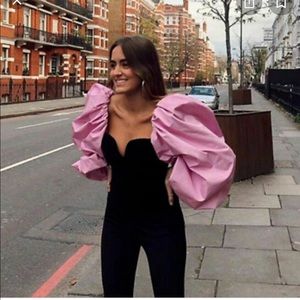 Zara Puff Sleeve Pink & Black Velvet Contrast Top